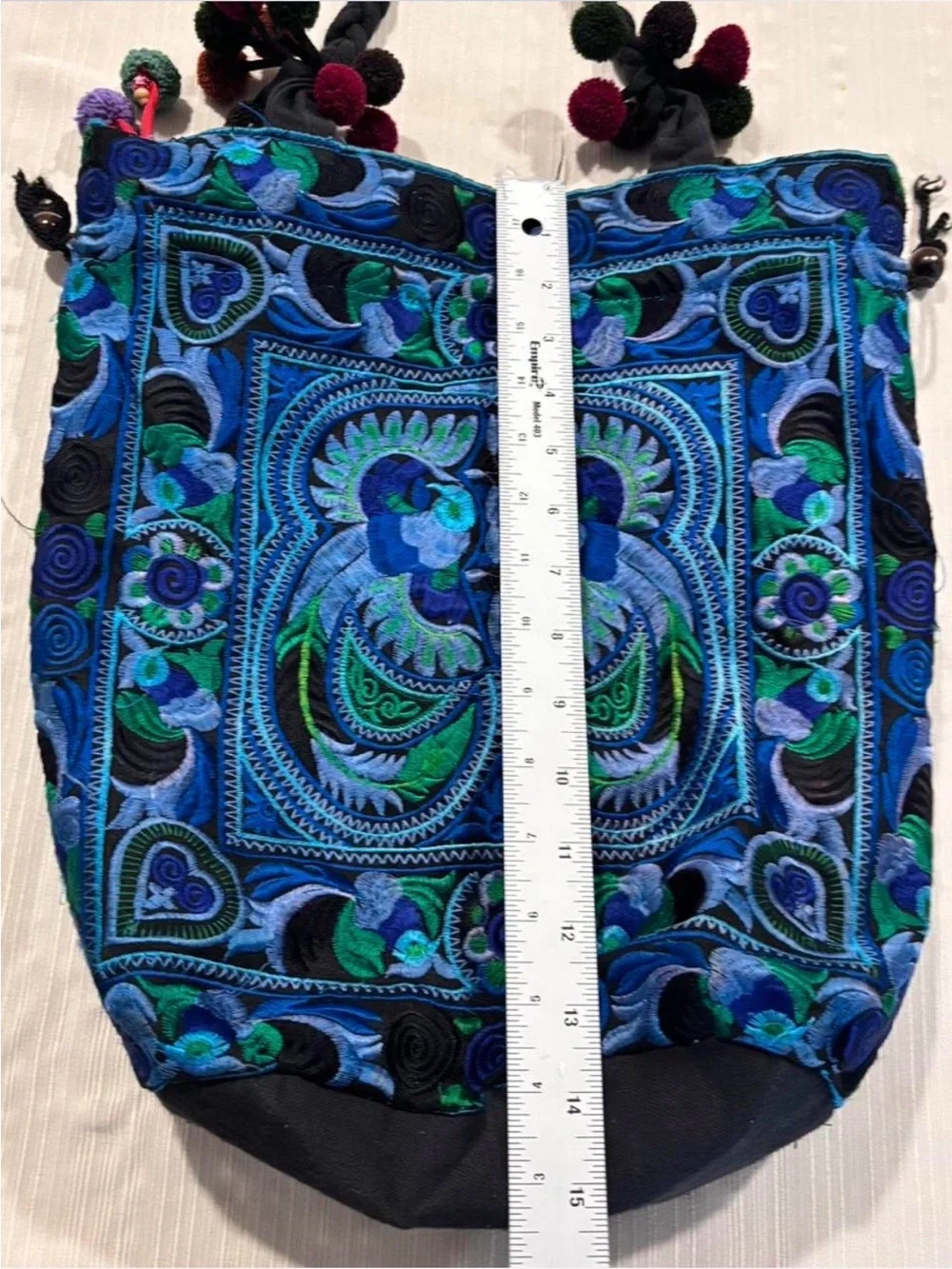 aMano Fair Trade Blue Green Embroidered Bird Boho Tote Bag Pom Poms